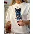 thumbnail image 1 of 1pc Retro Style Women'S T-Shirt with Cute Cat Print, Polyester, Short Sleeve, Round Neck, Geometric Pattern, Regular Length, Casual Summer Top, 1 of 7