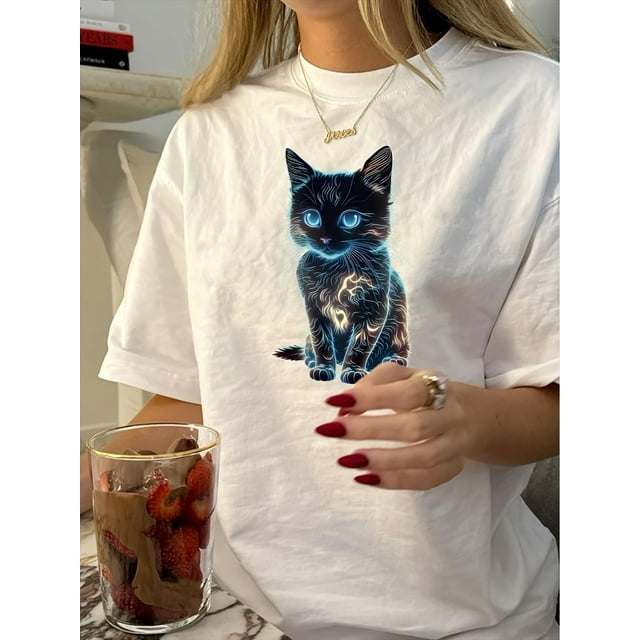 1pc Retro Style Women'S T-Shirt with Cute Cat Print, Polyester, Short Sleeve, Round Neck, Geometric Pattern, Regular Length, Casual Summer Top