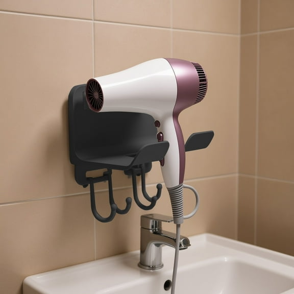 Compact No Nails Hair Dryer Wall Mount Adhesive Organizer with Cord Management Space Saver for Small Bathrooms Countertop(Black,A)