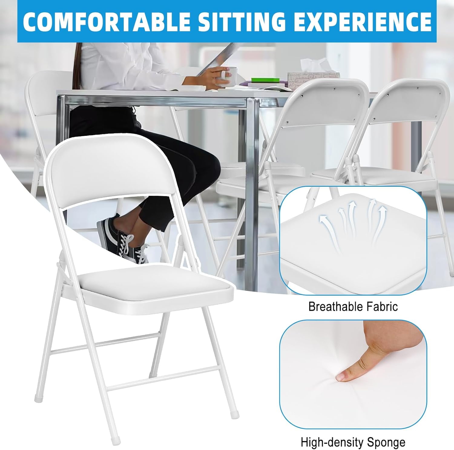 SUGIFT Padded Seat and Metal Back Folding Chair, White, 4 Pack