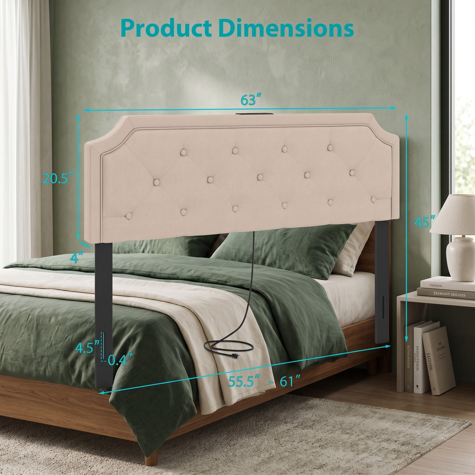 Furnibear Tufted Upholstered Headboard with Piped Trim and 2 AC Outlets and USB and Type-C Ports for Full and Queen Beds, Beige