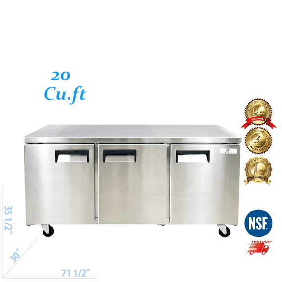 72 inch 20 cu.ft, 36 1/4" heigh Commercial Undercounter  refrigerator, 3 Solid Doors, stainless steel exterior, NSF certified.