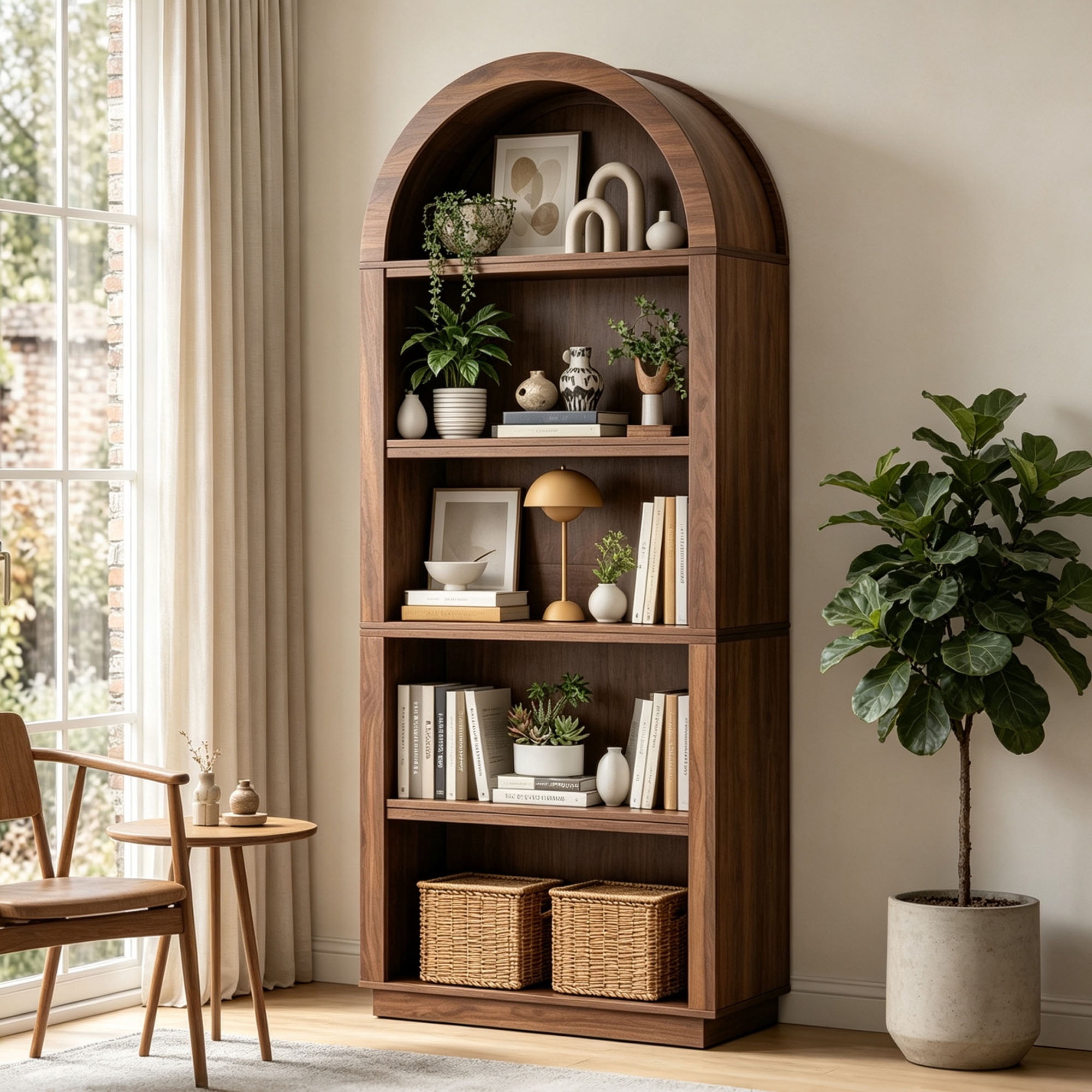 Tall Arched Bookshelf 75.6 Inch Walnut Finish Wood Bookcase with 5 Tiers and 2 Adjustable Shelves for Home Storage