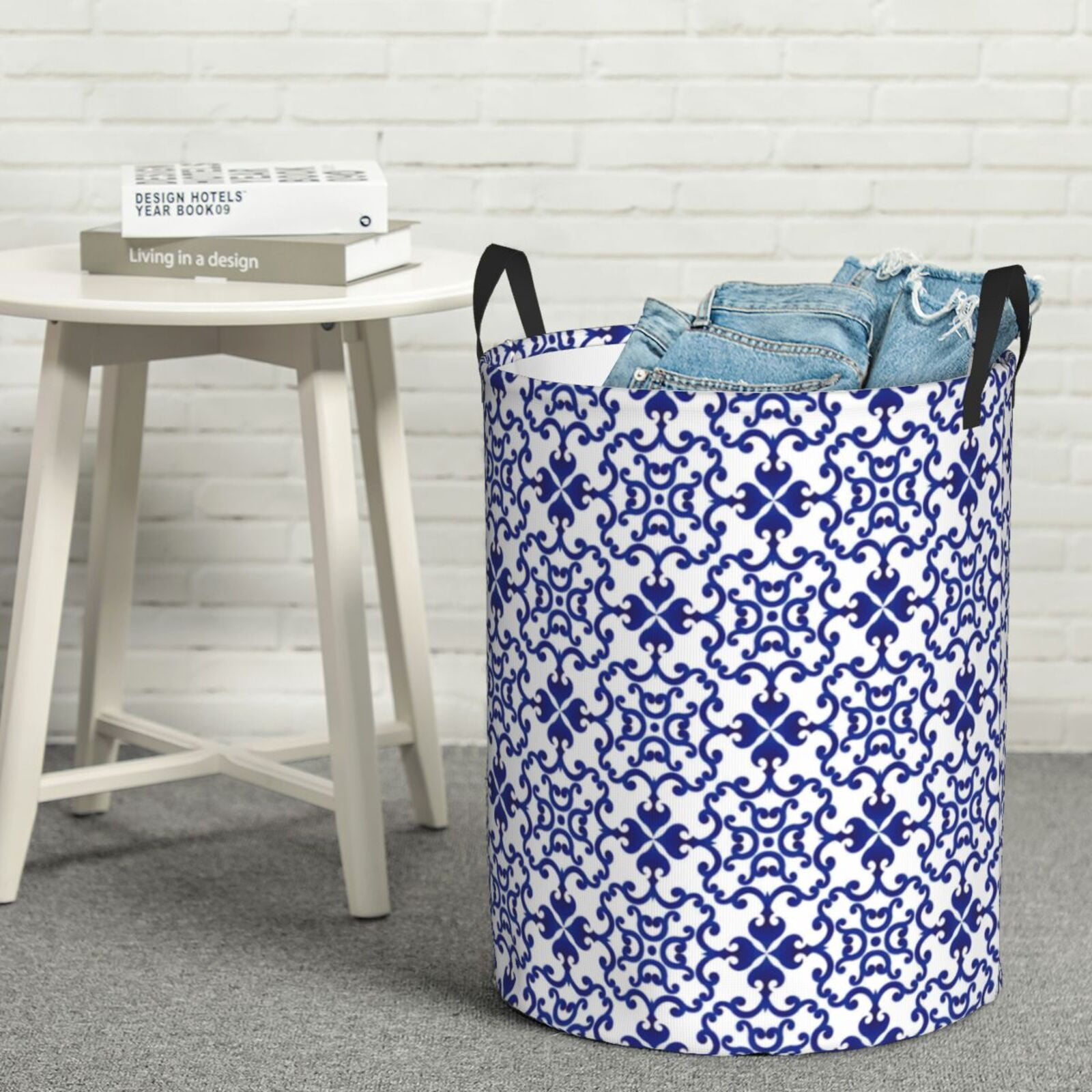 Rateoe Porcelain Chinaware Pattern Round Laundry Hamper Basket, Tall Hamper Basket for Blanket Storage, Nursery Clothes Hamper for Laundry in Bedroom and College Dorm-