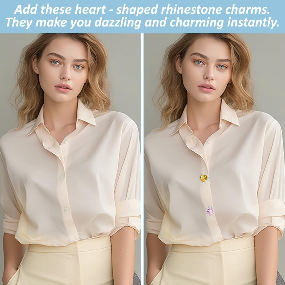 6-Piece Heart Rhinestone Button Covers Mixed Color Detachable Crystal Button Clips with 20 Sewing Buttons for Shirts