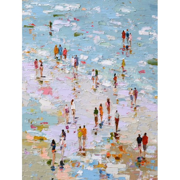 Qisvanset Impressionist Beach People Textured Oil Canvas Wall Art Print, 15.75x11.81 Inches