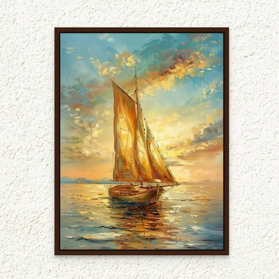 Sailing Boat Canvas Painting with Golden Sunset Portrait Neutral Color Print Wall Decor for Home Office Living Room Bedroom Gifting 12x16 inch Unframed