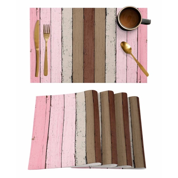 Vintage Stripes Placemats Set of 6 Pink Brown Wood Grain Decoration Heat Insulation Washable Place Mats, Rustic Non-Slip Table Mats for Dining Table Party Kitchen Decor,13x19 Inch