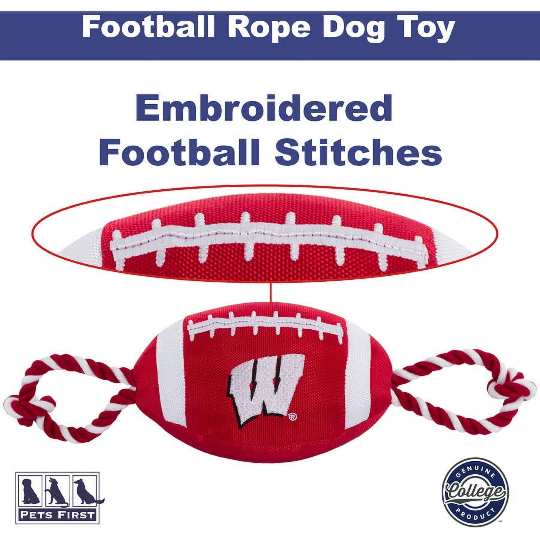Pets First NCAA Wisconsin Badgers Strong, Durable, Chewable Football Dog Toy with Inner Squeaker and Side Ropes, Officialy Licensed
