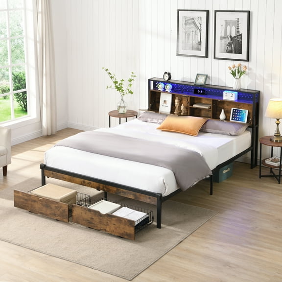 Leumius Full Size Bed Frame with LED Lights, Industrial Platform Bed with Charging Station & 2 Drawers & Storage Shelf, Full