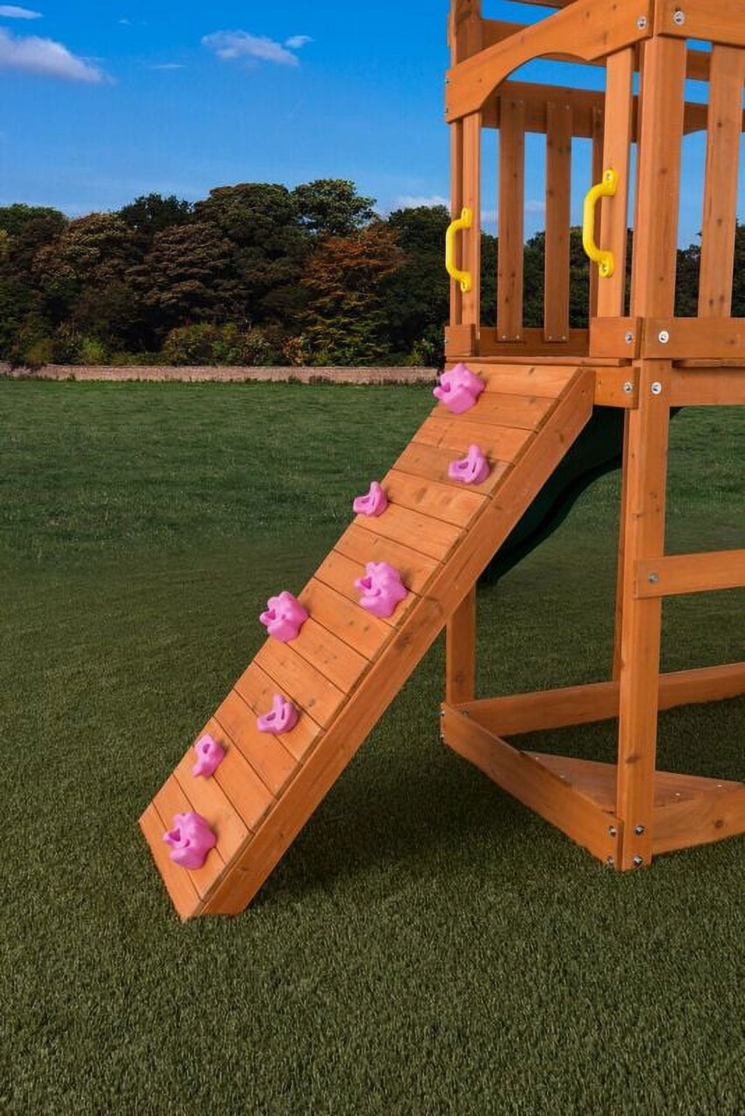 Creative Cedar Designs Timber Valley Wooden Playset with Wooden Roof, Glider Swing, Sandbox, Climbing Wall, Ladder, Slide & Belt Swings
