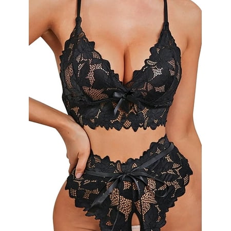 GORHGORH Women s Lingerie Sets Sexy Sheer Lace Crotchless Thong Panties Unlined Bra Sets Underwear