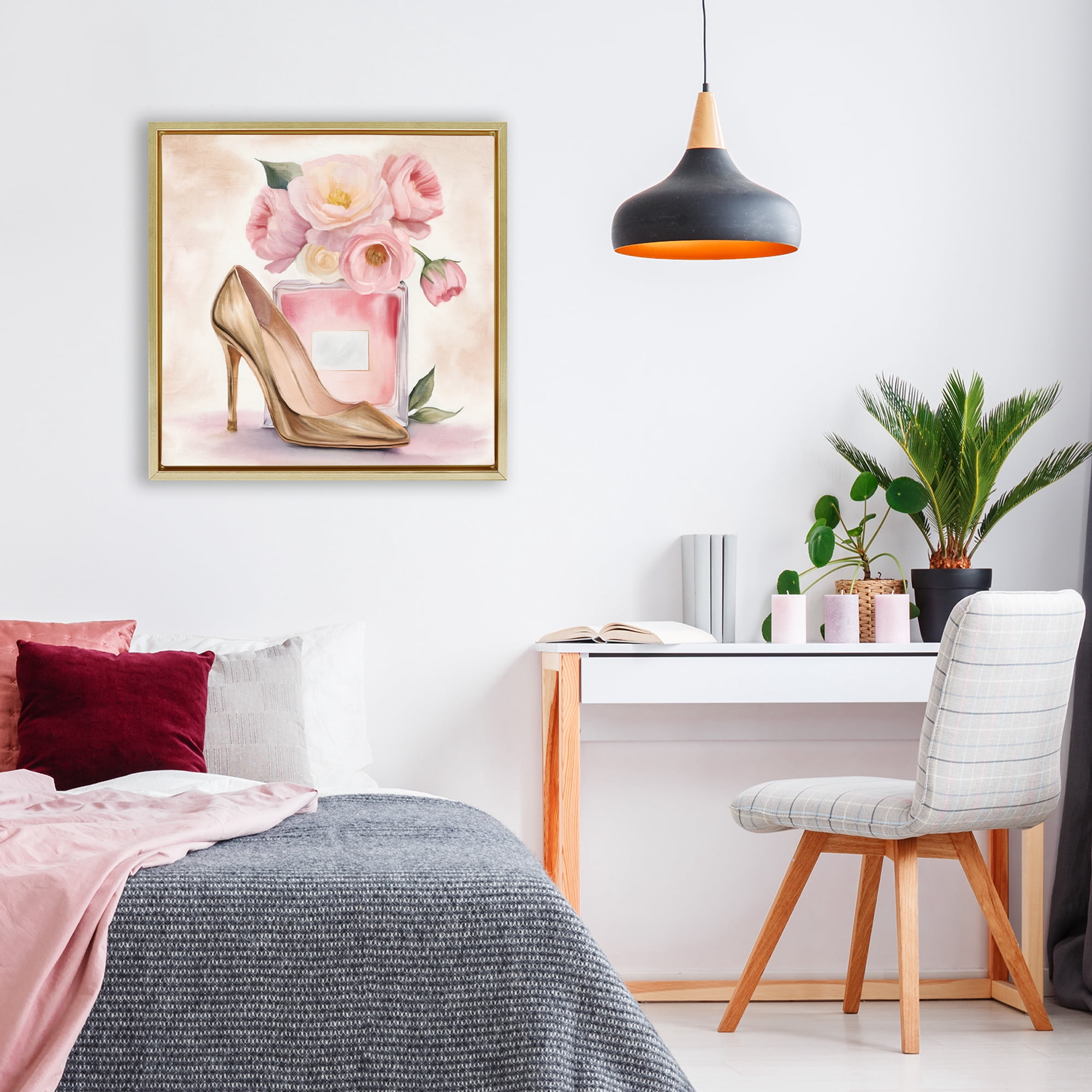 Stupell Industries Pink Beauty Heel & Flowers Gold Framed Floater Canvas Wall Art, design by Kim Allen