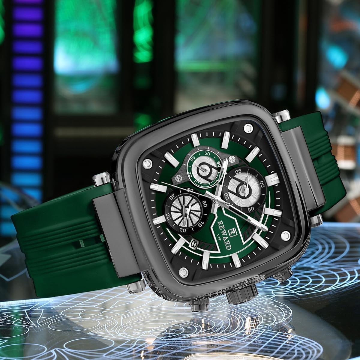 Square Watches for Men  Silicone Chronograph Fashion Sports Watch Luminous Waterproof Casual Wrist Watches Blue Red White