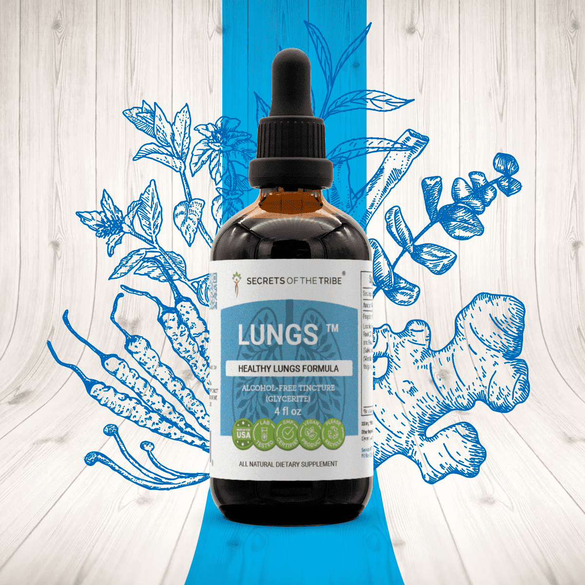 Secrets Of The Tribe Lungs Blend Tincture Dietary Supplement, Natural Extract, Made from Osha, Peppermint, Eucalyptus, Lungwort, Cordyceps, Ginger, Licorice 4 oz
