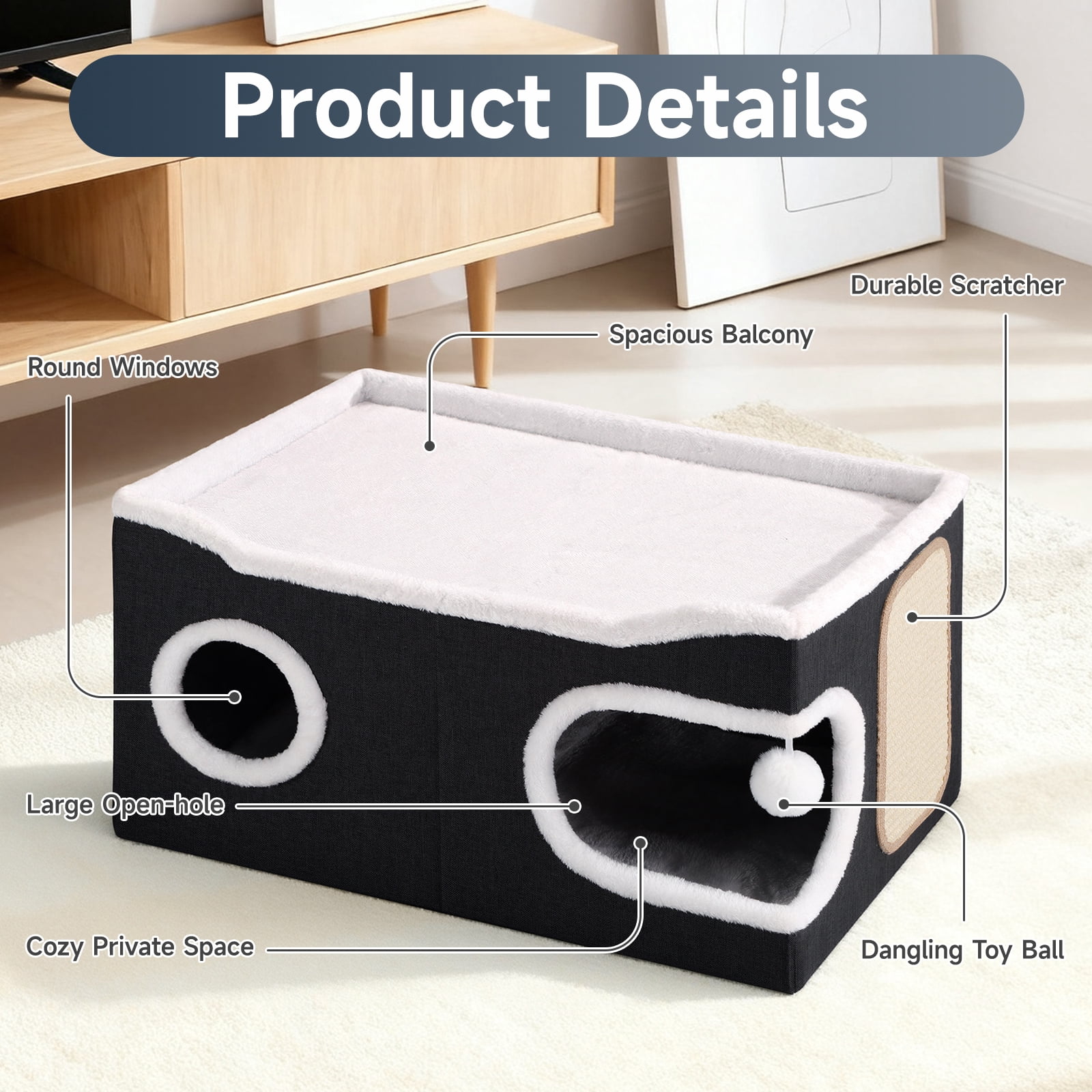 Cat Beds for Indoor Cats, Extra Wide Large Cat House for Pet Cat Cave with Scratch Pad and Fluffy Hanging Ball,Foldable Cat Cube Hideaway,Black