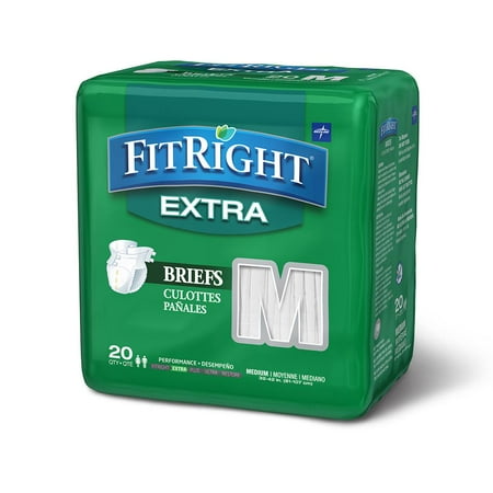 Medline FitRight Extra Adult Briefs with Tabs, Moderate Absorbency, Medium, 32"-42", 20 Count(2 pack per case)