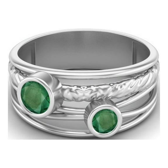 Mooneye 4mm Round Emerald Handmade Split Shank Band 925 Sterling Silver Dual Stone Women Gifts Ring
