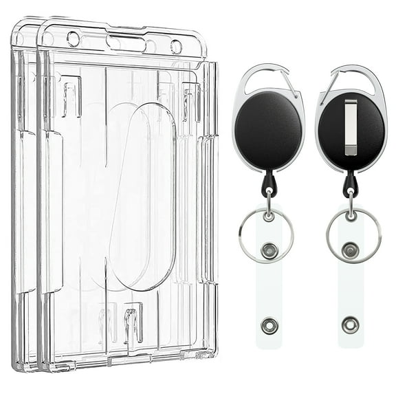 Pawfly Vertical 2-Card Badge Holder with Thumb Slots Hard Transparent PC Case Protector with Retractable Badge Reel Carabiner Clip for IDs Credit Cards Driver’s Licenses and Passes, 2 Pack