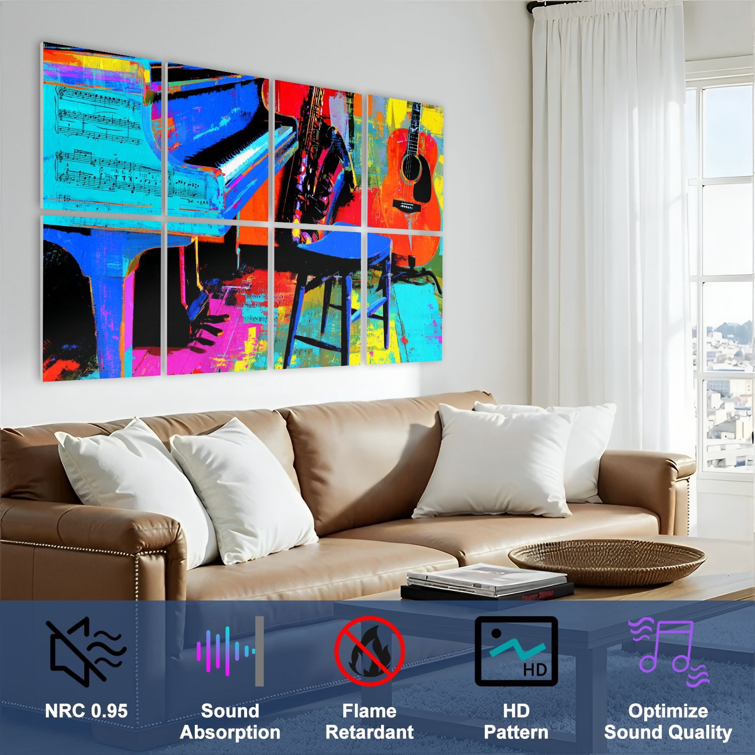 8 Pack Art Acoustic Panels Sound Absorbing Guitar Piano Saxophone Musical Instruments Grand Piano Sheet Music Decorative Soundproof Wall Panels Self Adhesive for Nursery Game Room Bedroom 48"x32"