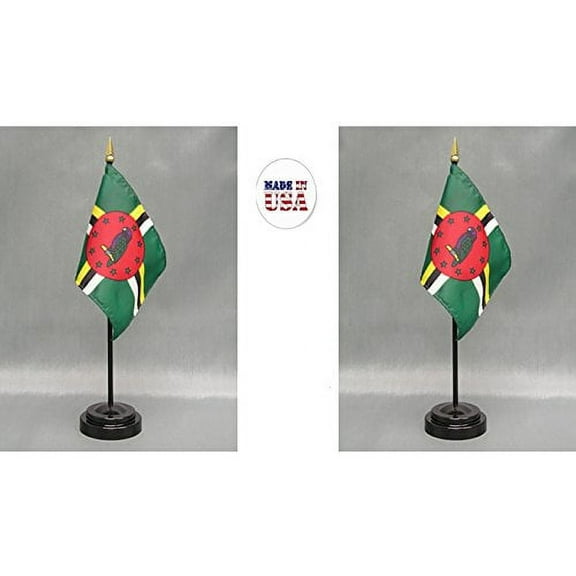 Made in The USA. 2 Dominica Rayon 4"x6" Miniature Office Desk & Little Hand Waving Table Flags Includes 2 Flag Stands & 2 Small Mini Dominican Stick Flags