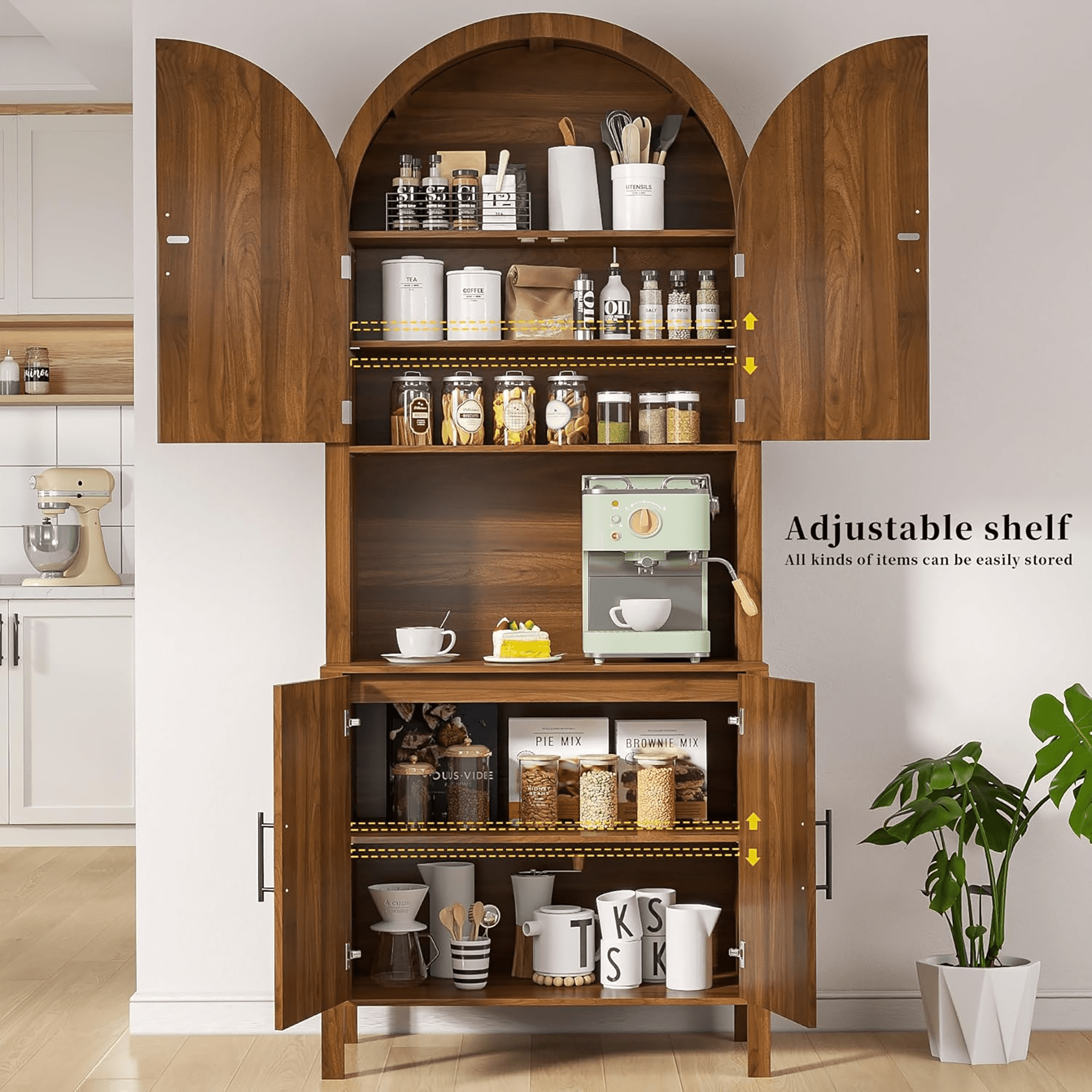 Oubayajia 75.8" Tall Arched Kitchen Pantry Storage Cabinets with Fluted Doors and Adjustable Shelves, Freestanding Cupboard for Kitchen, Dining Room and Living Room, Walnut
