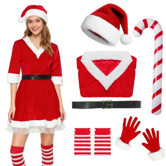 Alaiyaky Mrs Claus Costume for Women, Santa Costume Adult Mrs Claus Outfit Red Dress Santa Lady Suit Hat Belt Gloves for Christmas Party Cosplay
