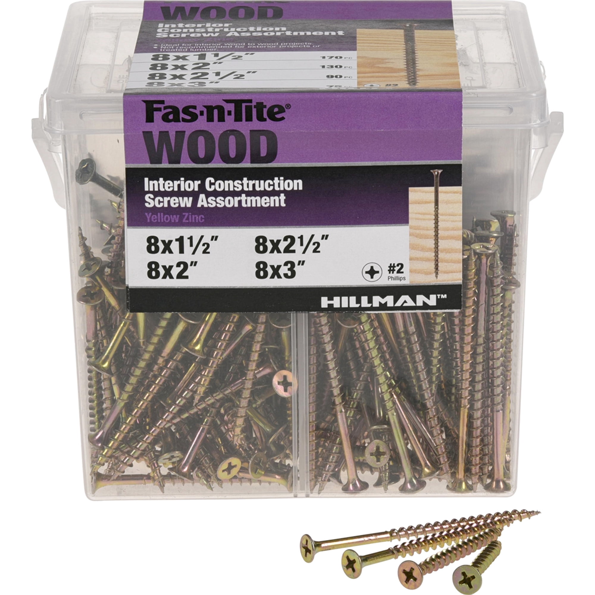 Fas-n-Tite Interior Wood Construction Screws, 4 Size Variety, Steel, Zinc Finish, 465 pack