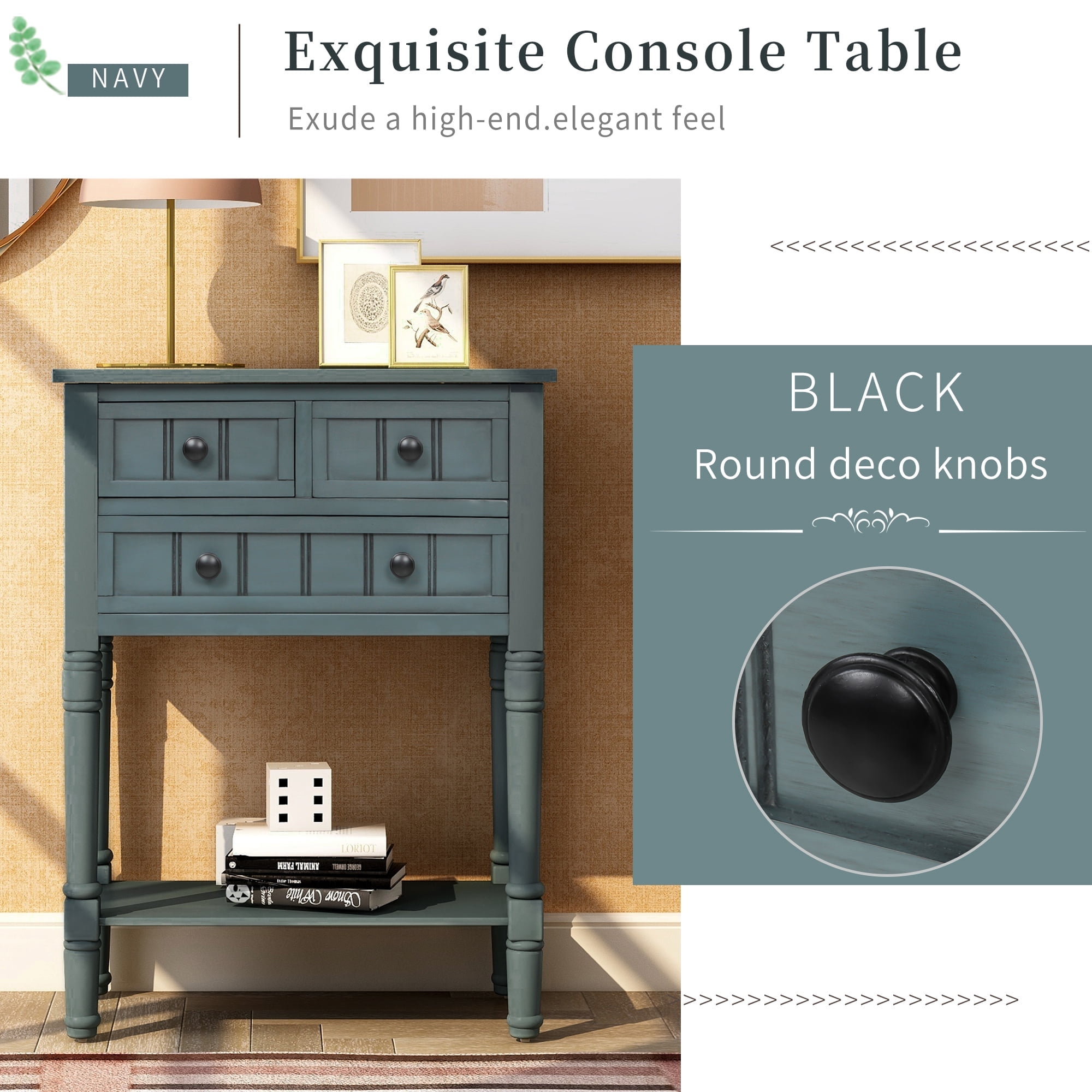 Narrow Console Table,Rustic Entryway Table Slim Sofa Table with Three Storage Drawers and Bottom Shelf,Wood Side Table for Living Room,Easy Assembly(Navy)