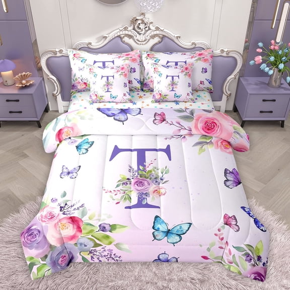 Homewish Girls Monogrammed T Twin Bedding Sets 7-Piece, Romantic Garden Rose Flower Bedding Comforter Set, Cartoon Butterfly Animal Reversible Sheet Sets, Microfiber Bedroom Decor