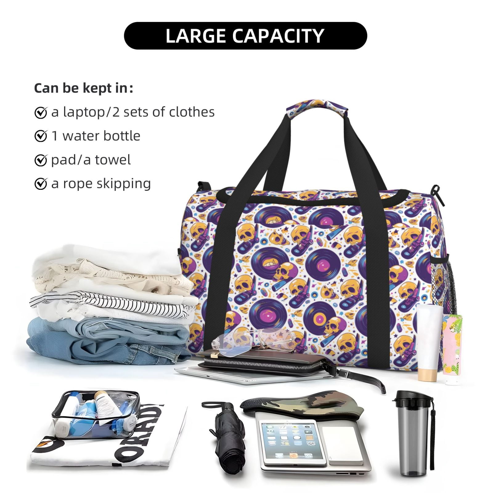 Fuzoiu record rock Skull star Print Travel Duffle Bag,Carry On Tote Bags,Duffel Bag,Sport Gym Bag, Hospital Bag for Labor and Delivery, Overnight Bag,Luggage Bag