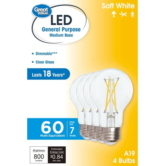 Great Value 18YR A19 LED Light Bulb, 7W (60W Equivalent) Dimmable Soft White E26 Base (4 Pack)