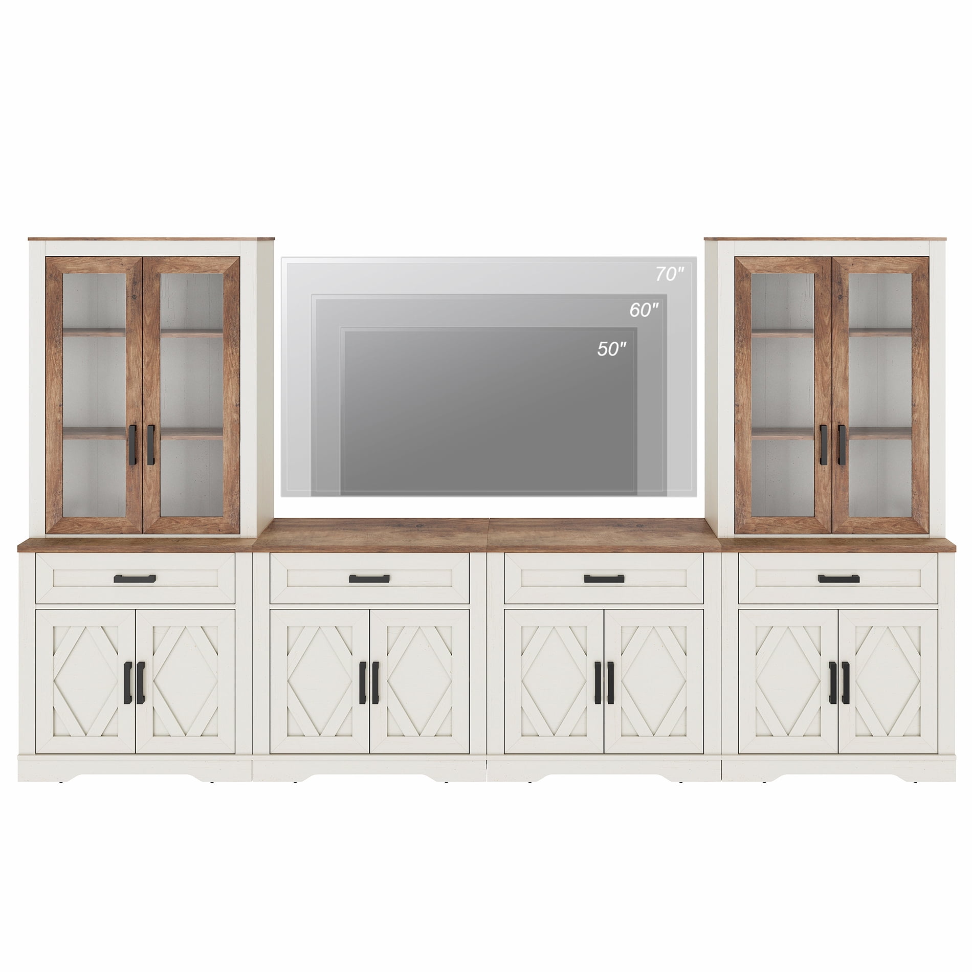 WAMPAT Farmhouse Entertainment Center with Bookshelf for TVs up to 70",Modern TV Stand with 73"H Tall 5-Tier Bookcase with Open Storage and Barn Doors for Living Room,Bedroom,Antique White