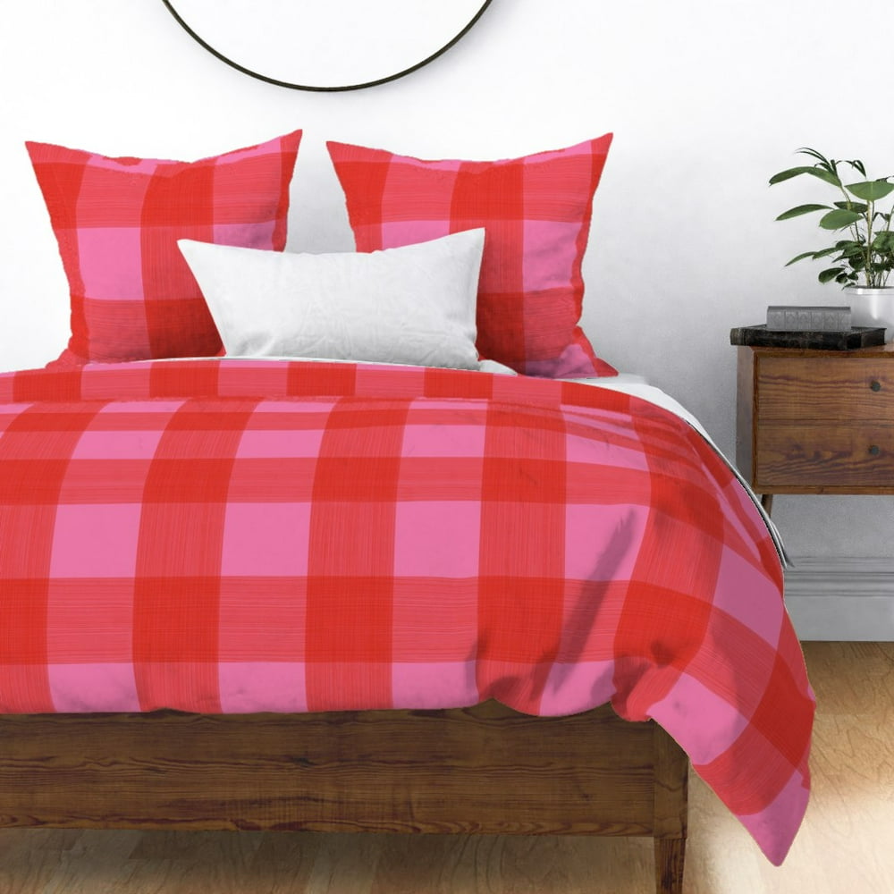 Red And Pink Plaid Buffalo Check Gingham Country Sateen Duvet Cover by