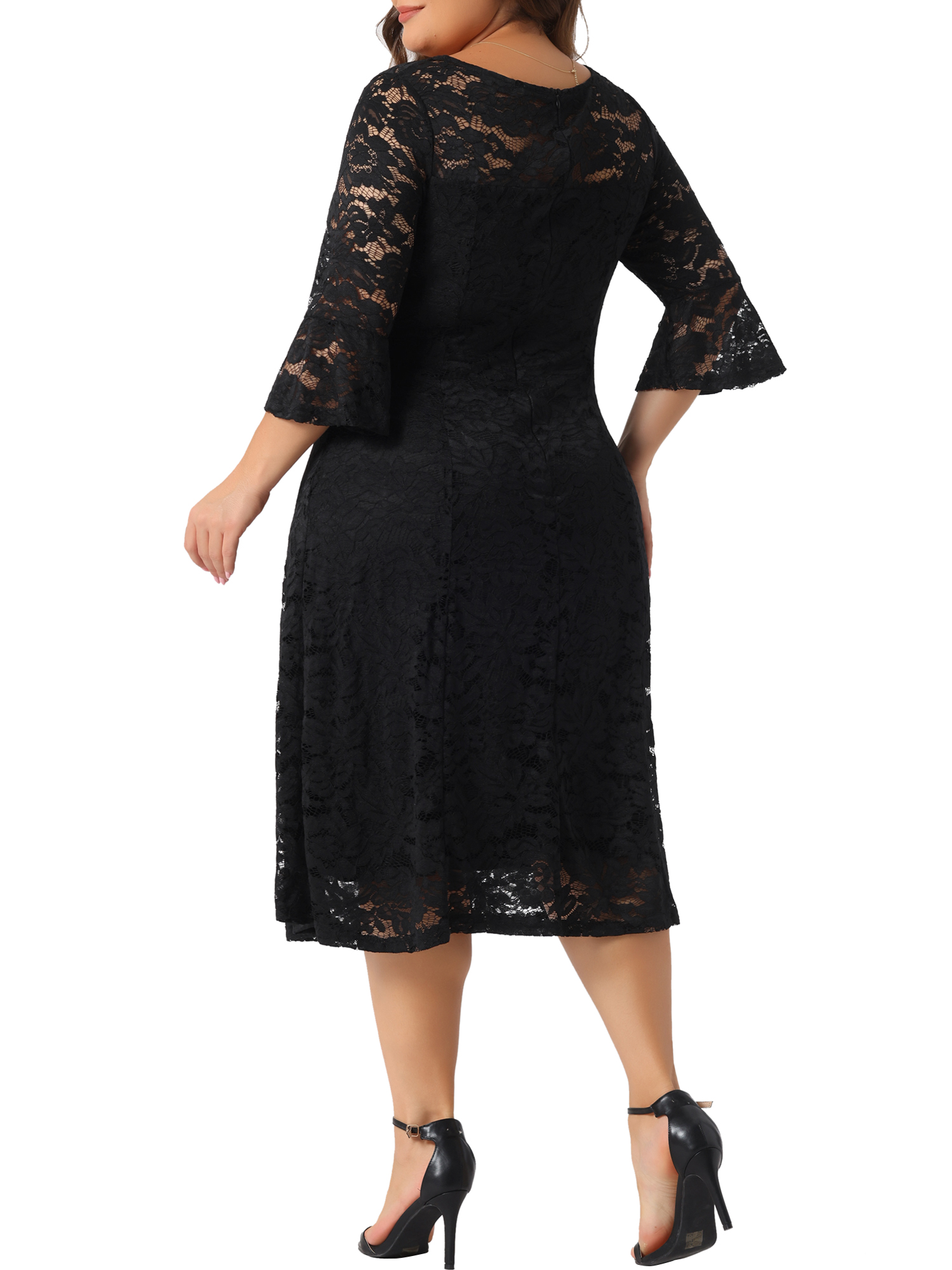 DARING DIVA Plus Size Lace V-Neck 3/4 Sleeve Midi Evening Dress 3X Black