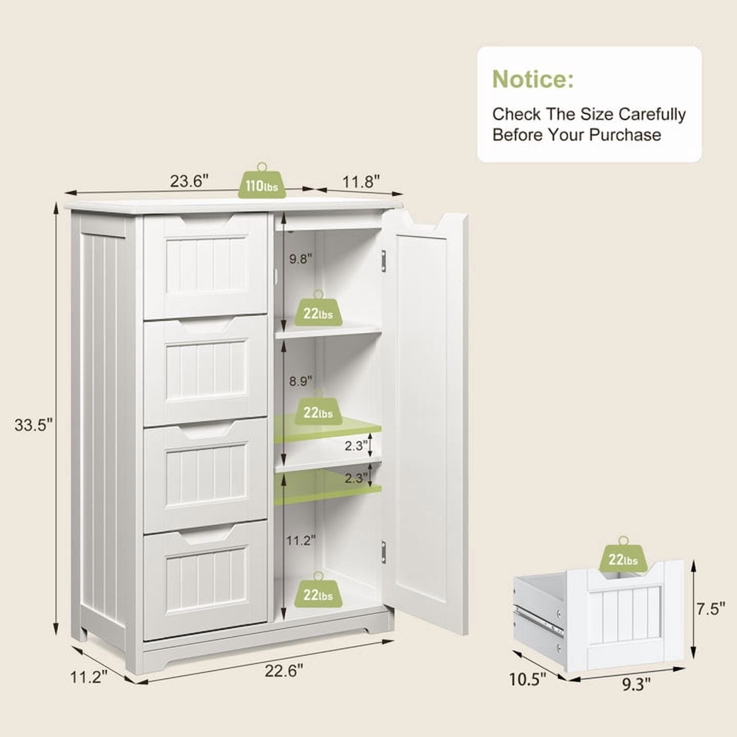Aiho 33.5 "H Wooden Bathroom Storage Cabinet with 4 Drawers, a Cupboard and Adjustable Dividers for Bathroom,Living room,and Bedroom - White