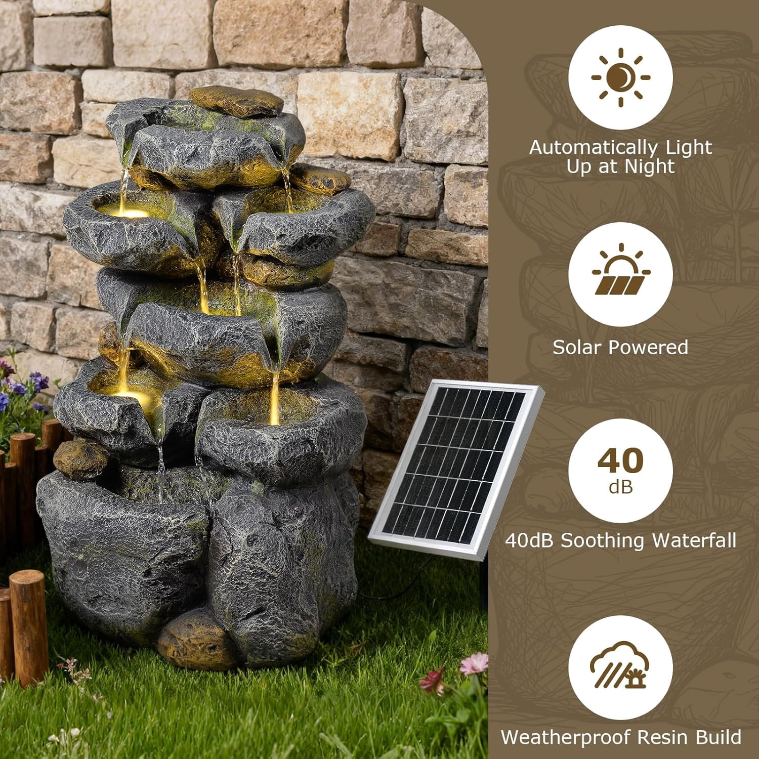 5 Tiered Solar Powered Water Fountain, Solar Water Fountain Outdoor Garden Cascading Rock Water Fall Fountains Outside with Lights for Backyard, Patio, Deck, Porch, 24" H x 13.39" L x 9.6" W
