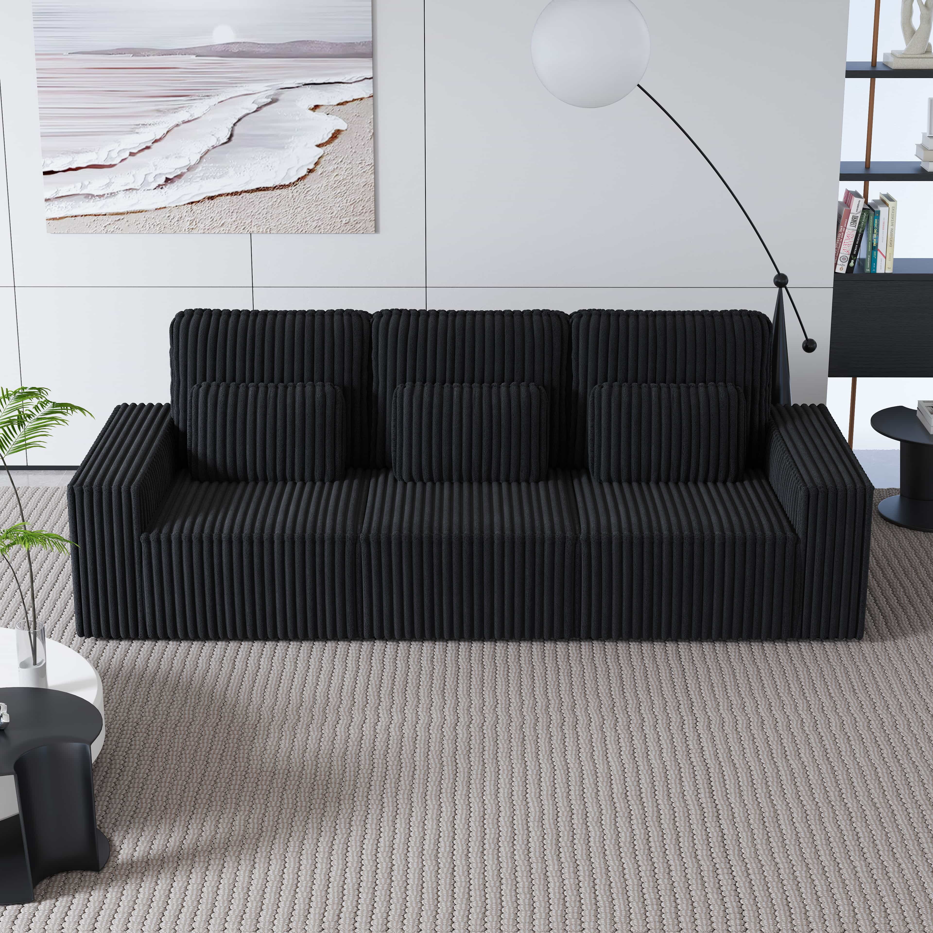 BSHTI Classic Corded Comfort Sofa with Pillows, Three-seater sofa, Corduroy Upholstery, removable back cushions, Easy to assemble, Black