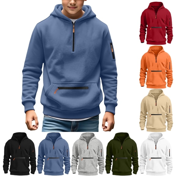 Boys Half Zip Pullover Hoodie, Kids Hooded Sweatshirt with Zipper Pocket, Warm Long‑Sleeve Casual Outerwear
