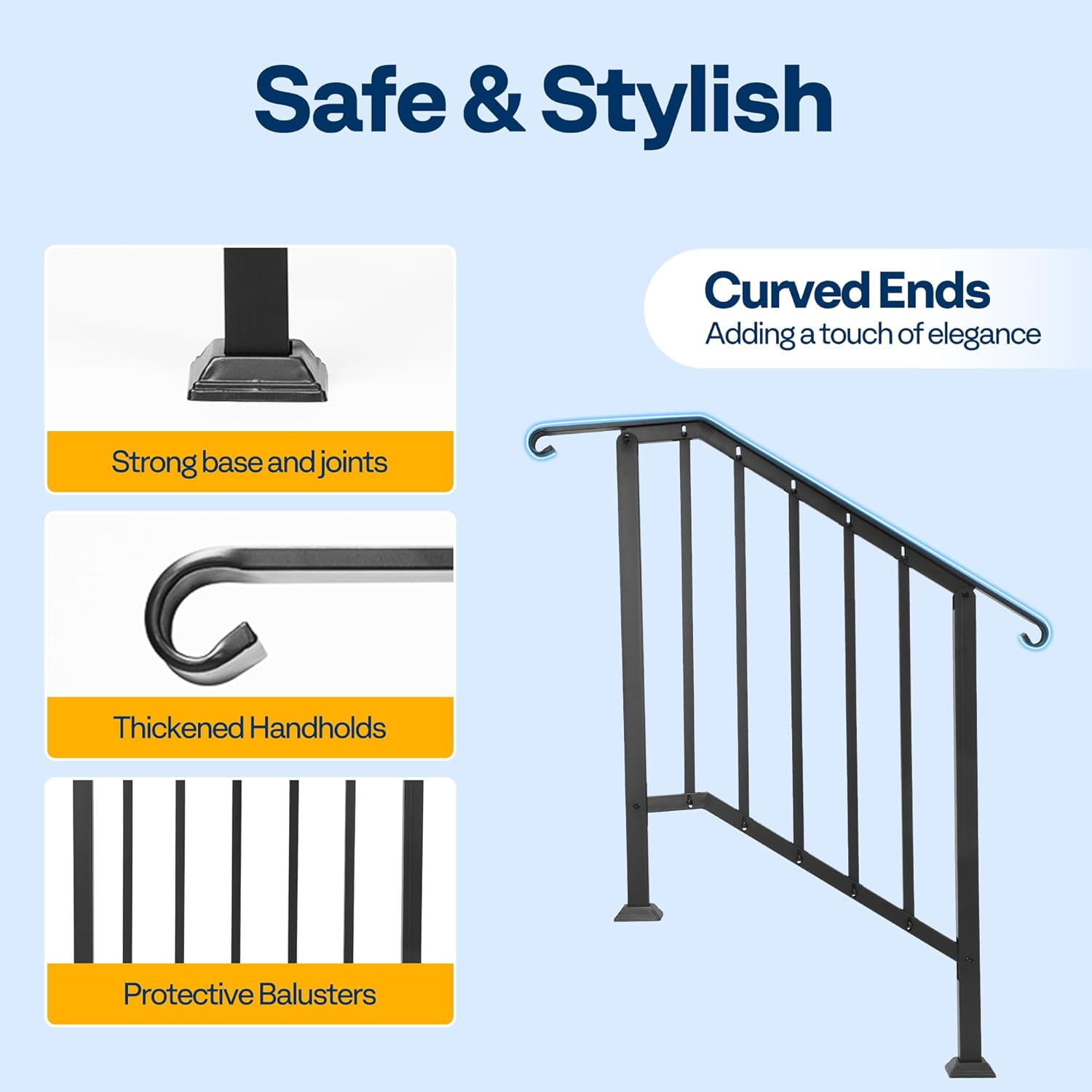 SPECSTAR 2-Pack Outdoor Handrails, 3-4 Step Galvanized Steel Railing Kit, Curved Ends and Safty Balusters Exterior Hand Railing