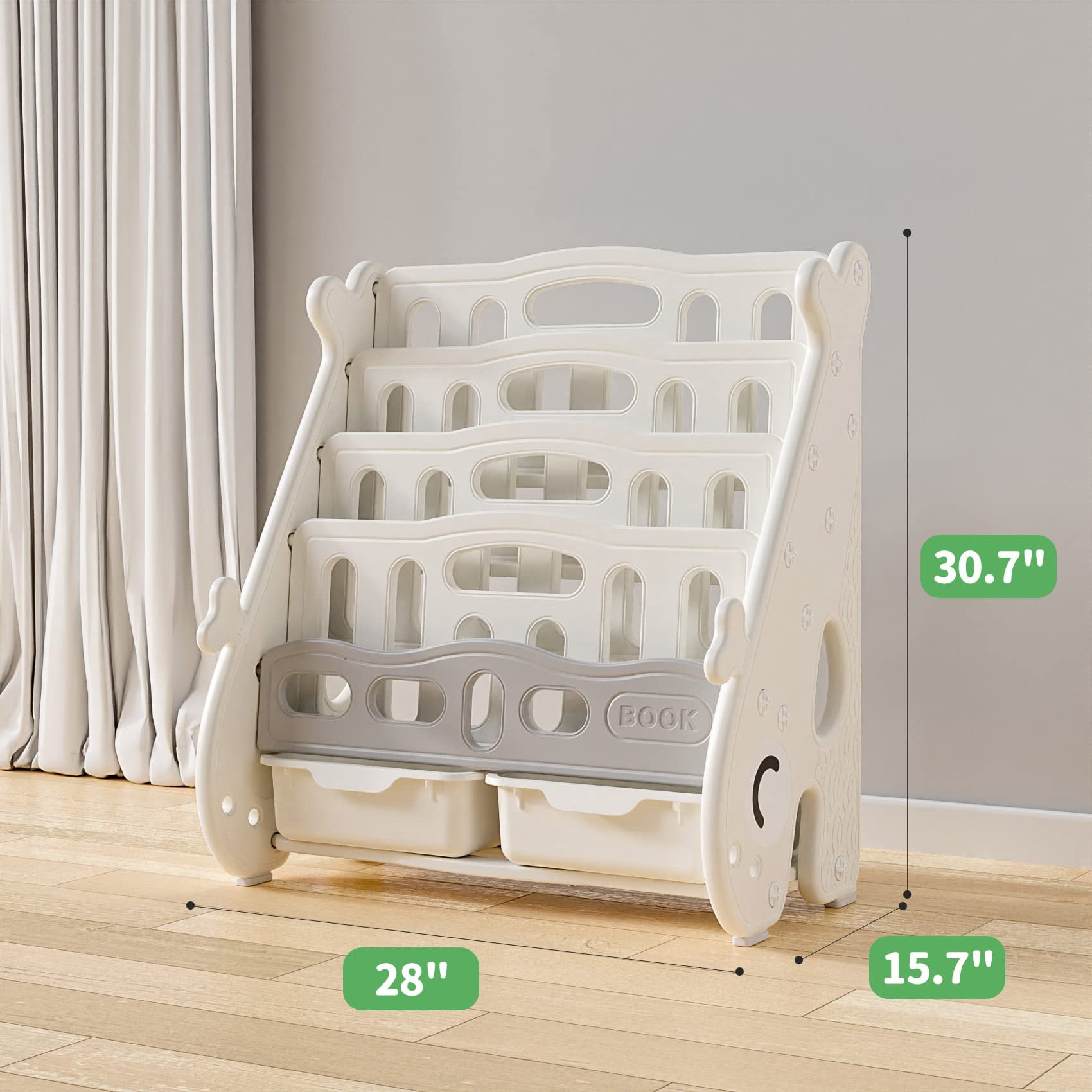 UNICOO® Kids 5 Tier Bookshelf with 2 Toy Bins, Children Bookshelf & Toy Organizer Baby Whale Bookshelf (White)
