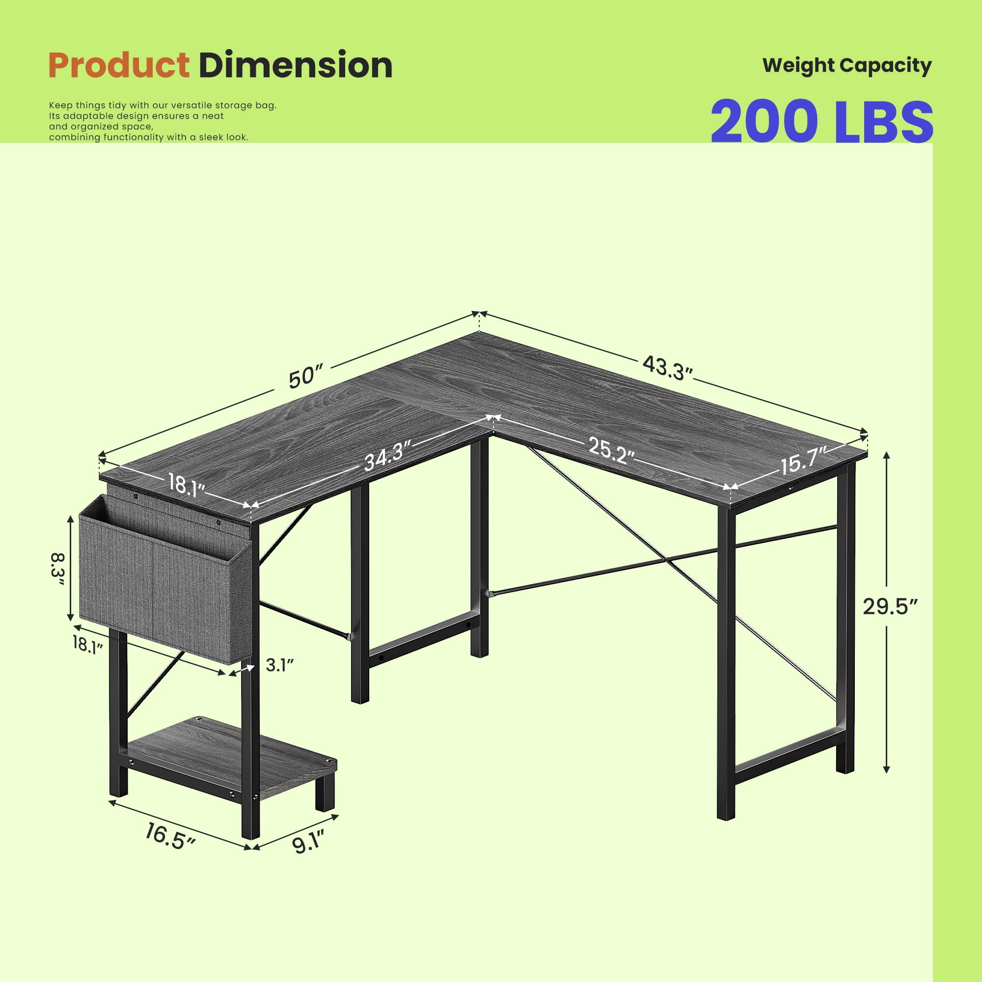KPUY 49-Inch L Shaped Desk with CPU Stand Side Bag, Gaming Desk Home Office Desk for Home Office Dorm Sturdy Writing Workstation, Gray