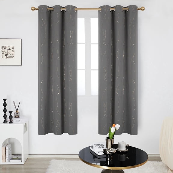 Deconovo Grommet Top Blackout Curtains with Golden Wave Line and Dots Pattern Window Drapes for Dining Room 42W x 72L inch Light Gray Set of 2