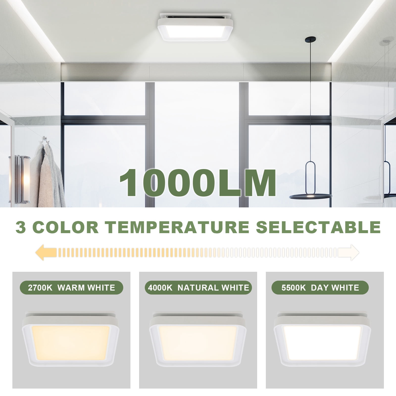 Akicon Bathroom Exhaust Fan with Light, 50-80-100 CFM DC Motor, 1.2 Sones Bathroom Vent Fan, 3CCT LED Light 2700K/4000K/5500K with 7W Night Light Quiet Energy Saving Bathroom Ceiling Fan, White.