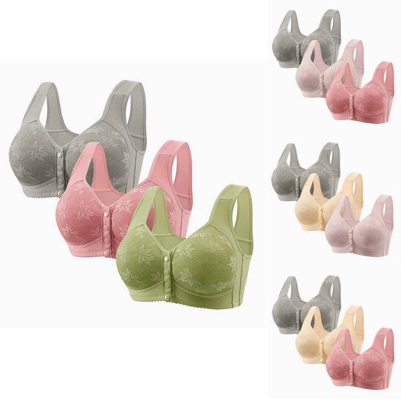 CFLVAEK 3 Pack Plus Size Bras for Women Wireless Front Closure Bra Full Cover Everyday Bras Comfy Push Up Bralette for Elder Women Beige XXXL