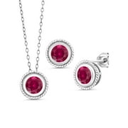 Gem Stone King 925 Sterling Silver Red Created Ruby Pendant Earrings Set For Women (3.00 Cttw, Gemstone July Birthstone, Round 6MM, With 18 inch Chain)