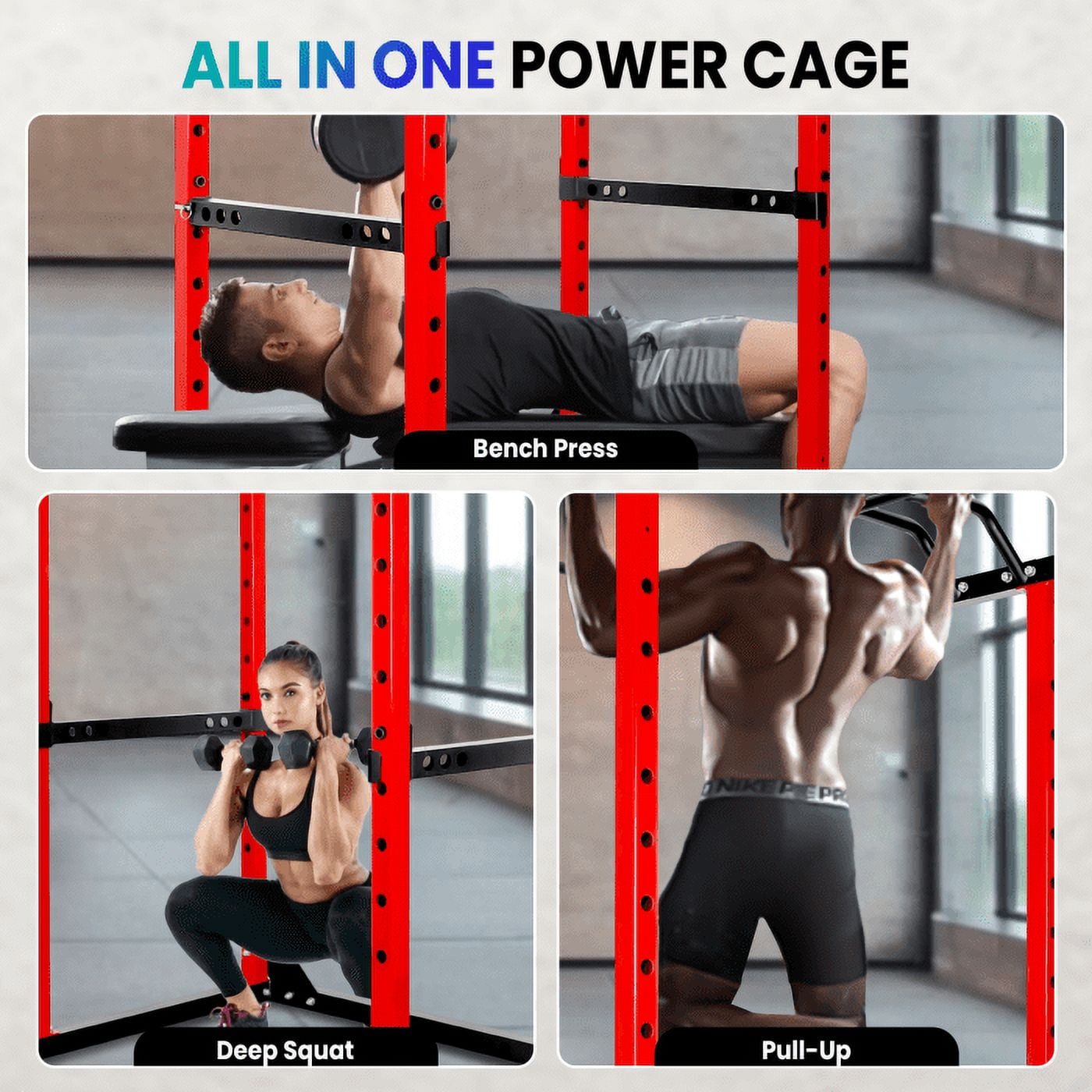 Red Power Cage, 44.3" (L) × 45.6" (W) × 81.5" (H), Pre-Installed Easy Setup, Space-Saving, High-Strength Steel, Squat Stand, Home Garage, Apartment, Studio Gym