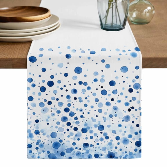 Blue Polka Dot Table Runner, Modern Art Abstract Watercolor Dot Washable Cotton Linen Table Runners 48 Inches Long, Dresser Scarf Runner for Nightstand/Coffee/End Tables 13''x48''