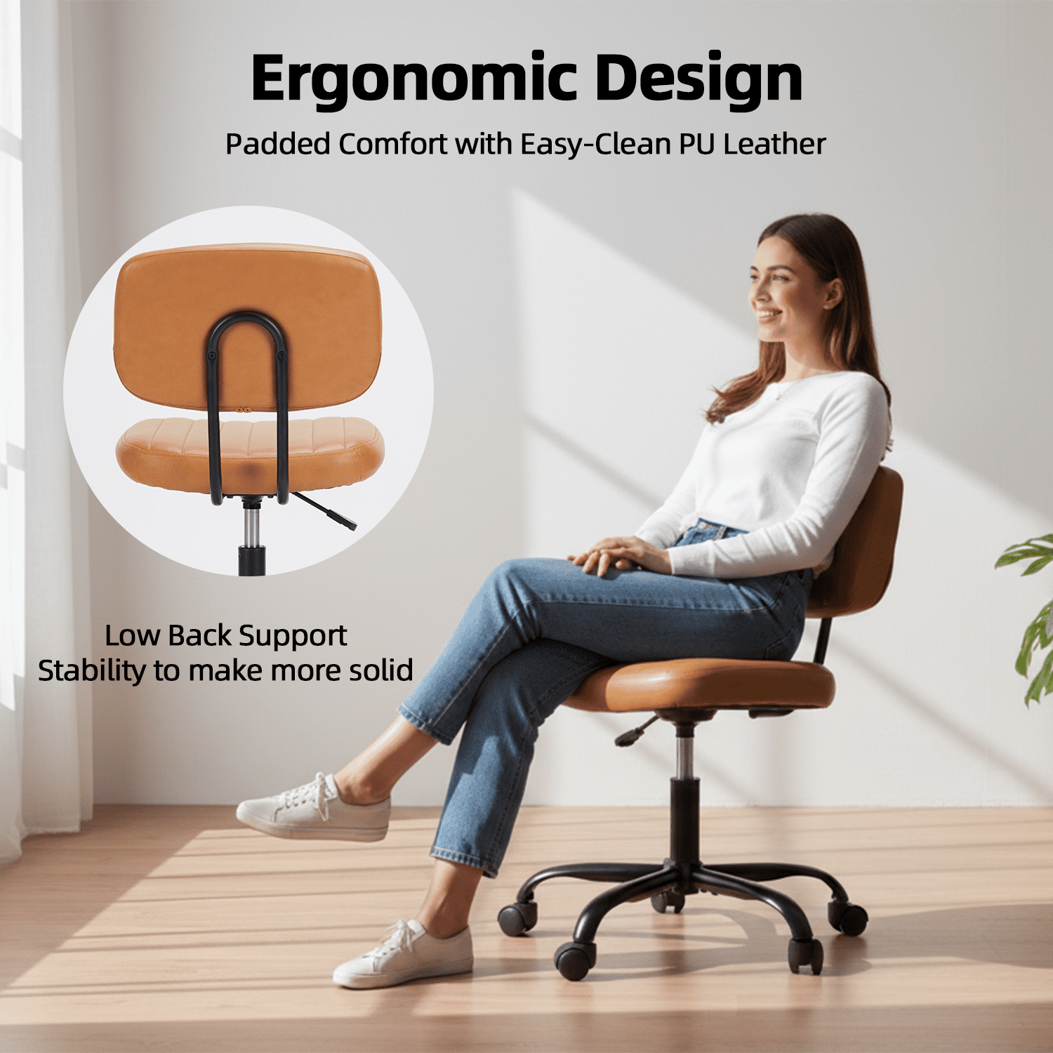 LIFERECORD PU Leather Armless Home Office Desk Chair, Small Ergonomic Task Chair for Adults and Students, Low Back Seating with Swivel, Adjustable Height, Rolling Wheels, Brown
