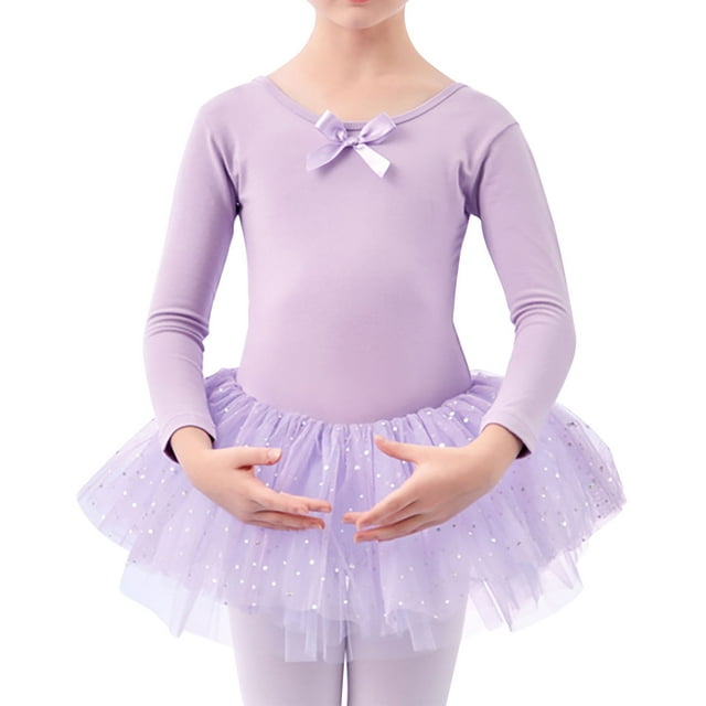 tarylea Justaucorps de Danse pour Filles Col Rond Manches Longues Tenue Ajustée Robe de Couleur Unie pour Ballerine Combinaisons pour Fille de 2 à 13 Ans